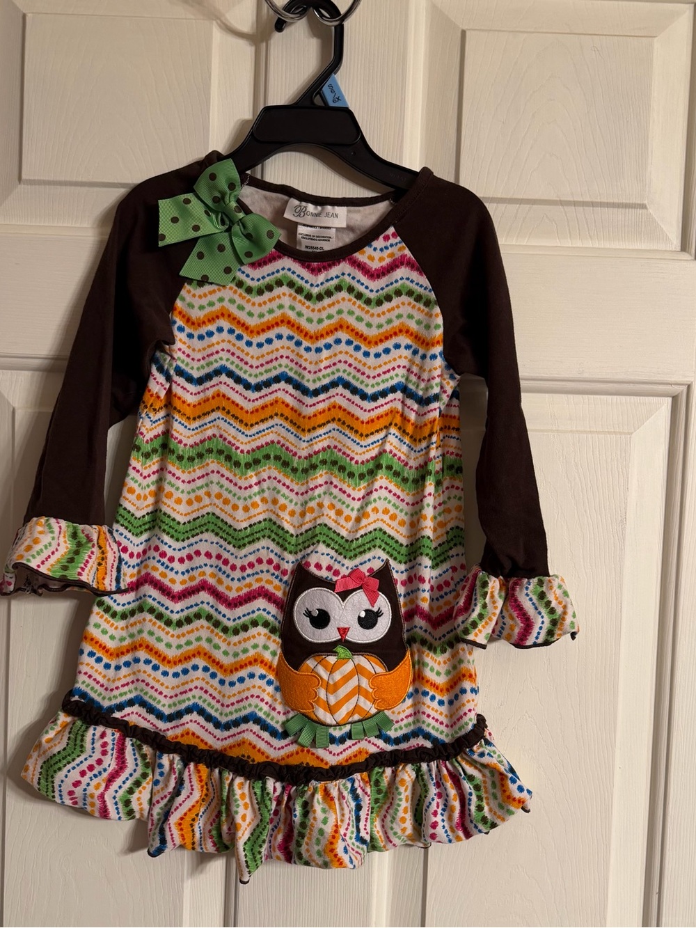 Bonnie Jean Multicolor Chevron Owl Dress with Brown Sleeves and Green Bow 4T